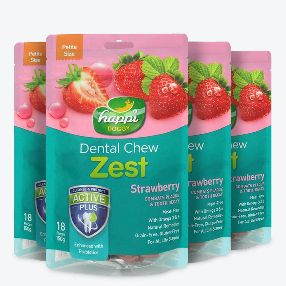 Happi Doggy Vegetarian Dental Chew - Zest - Strawberry Petite - 2.5 inch - 150 g - 18 Pieces - Heads Up For Tails