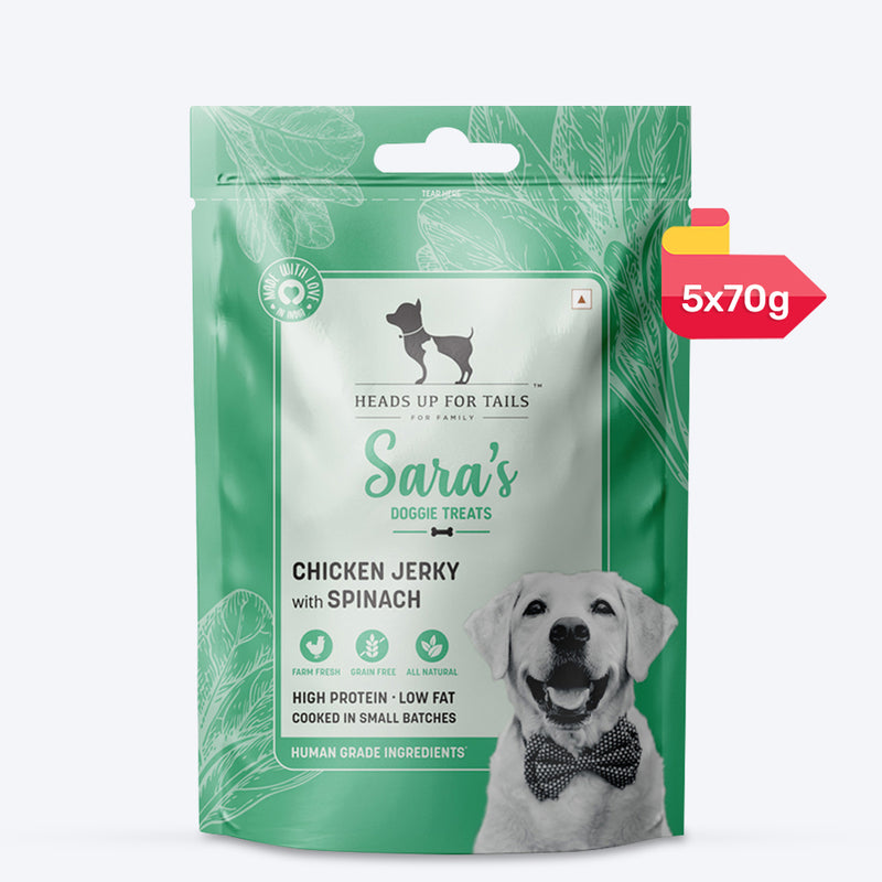 Sara's Doggie Treats Chicken Jerky with Spinach, 70 g, featuring a green packaging and images of spinach and jerky pieces.