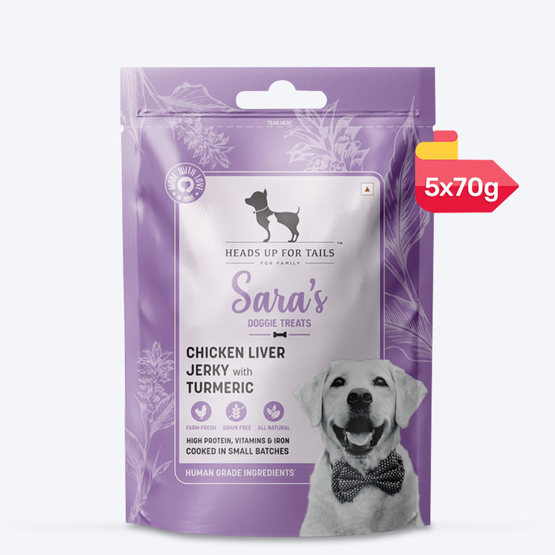 Sara's Doggie Treats Chicken Liver Jerky with Turmeric, 70 g, featuring a purple packaging and images of ingredients.