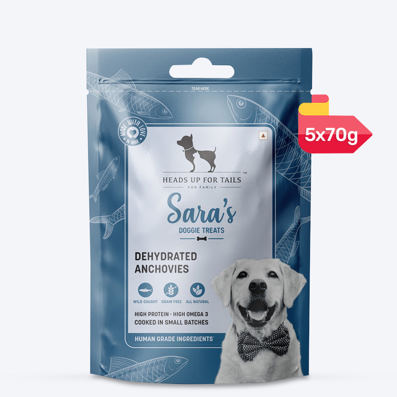 Sara's Doggie Treats Dehydrated Anchovies, 70 g, high protein, grain-free, human-grade ingredients, packaged in a resealable