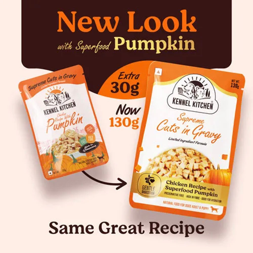 Kennel Kitchen Chicken with Pumpkin Supreme Cuts In Gravy Wet Dog Food - 130 g Packs - Heads Up For Tails