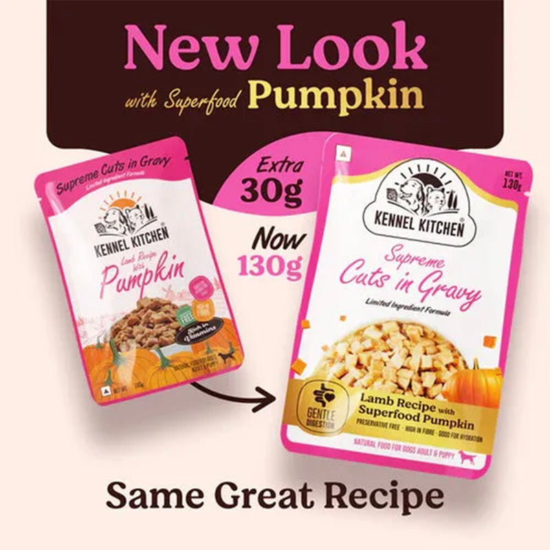 Kennel Kitchen Lamb with Pumpkin Supreme Cuts In Gravy Wet Dog Food - 130 g Packs - Heads Up For Tails