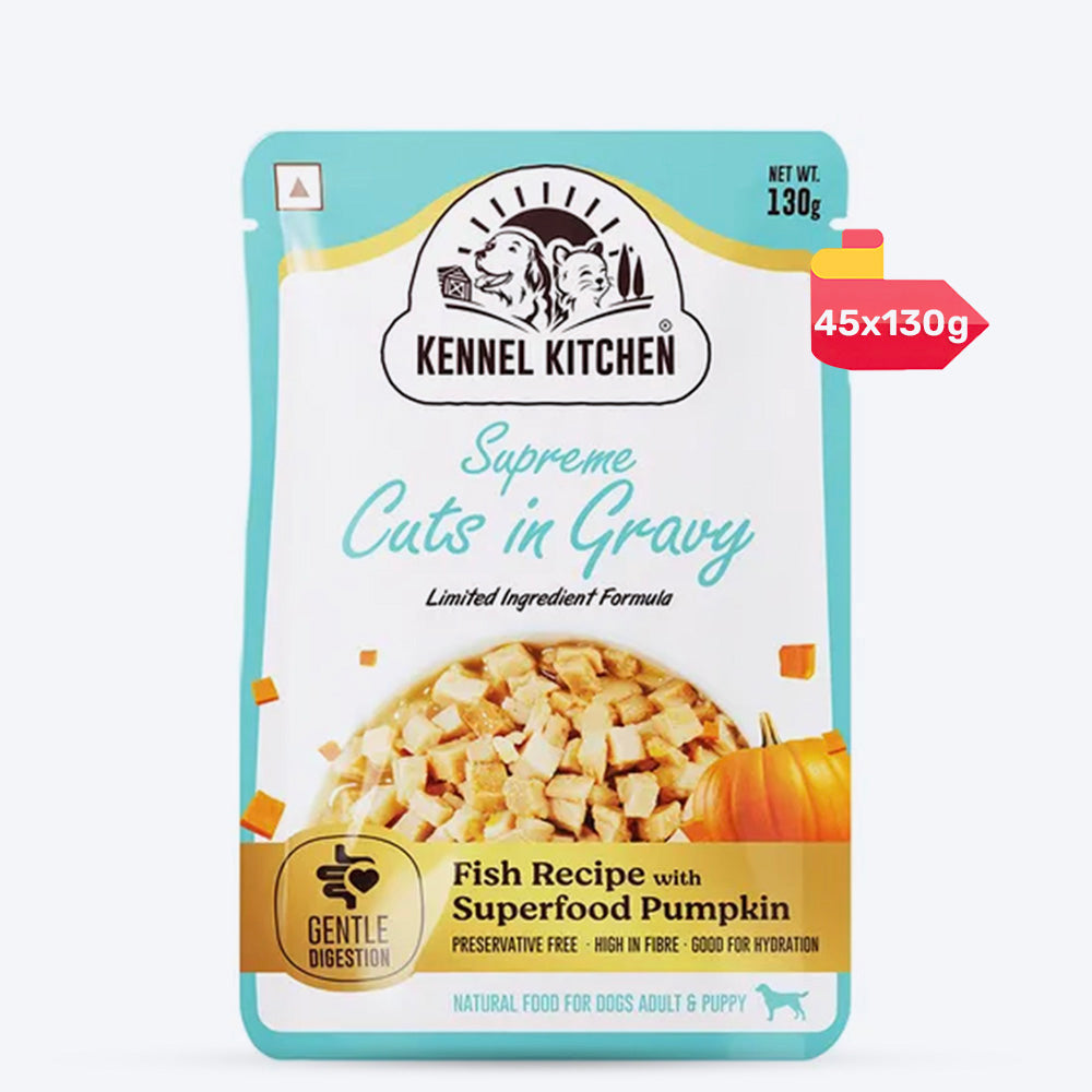 Kennel Kitchen Fish with Pumpkin Supreme Cuts In Gravy Wet Dog Food - 130 g Packs - Heads Up For Tails