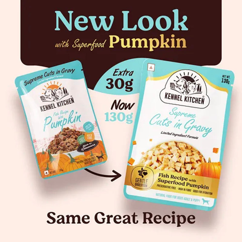 Kennel Kitchen Fish with Pumpkin Supreme Cuts In Gravy Wet Dog Food - 130 g Packs - Heads Up For Tails