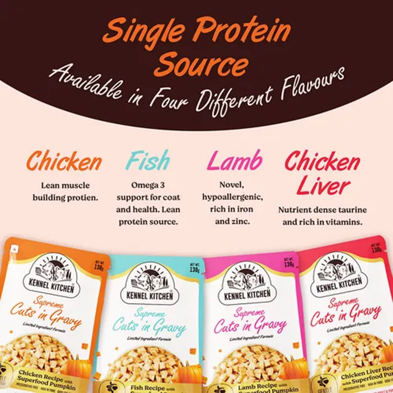 Kennel Kitchen Chicken with Pumpkin Supreme Cuts In Gravy Wet Dog Food - 130 g Packs - Heads Up For Tails