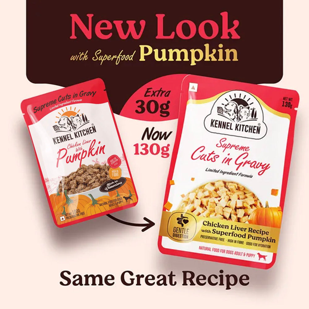 Kennel Kitchen Chicken Liver with Pumpkin Supreme Cuts In Gravy Wet Dog Food - 130 g Packs - Heads Up For Tails