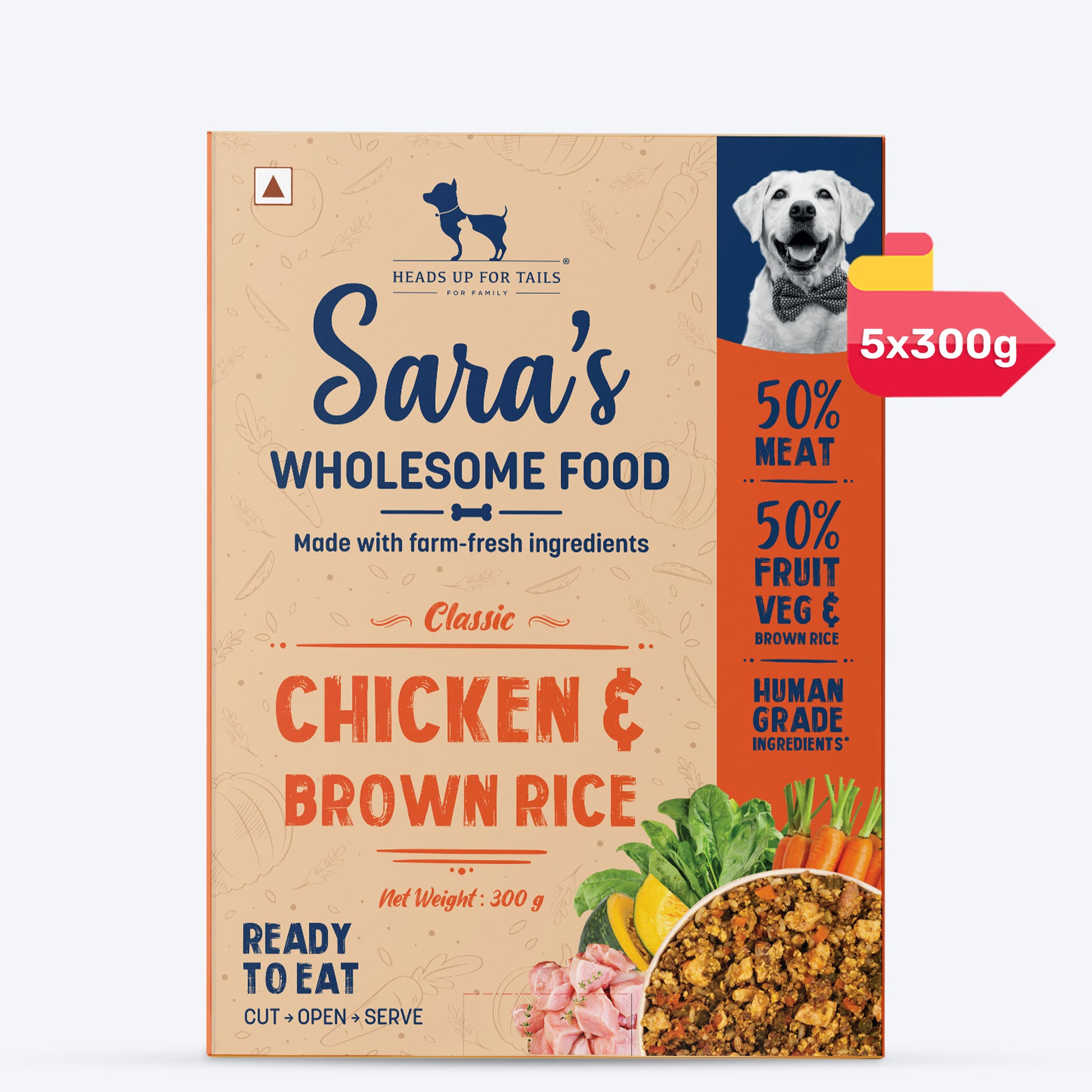 Sara's Wholesome Classic Chicken and Brown Rice Dog Food, 300g, made with 50% meat and 50% fruits and vegetables.