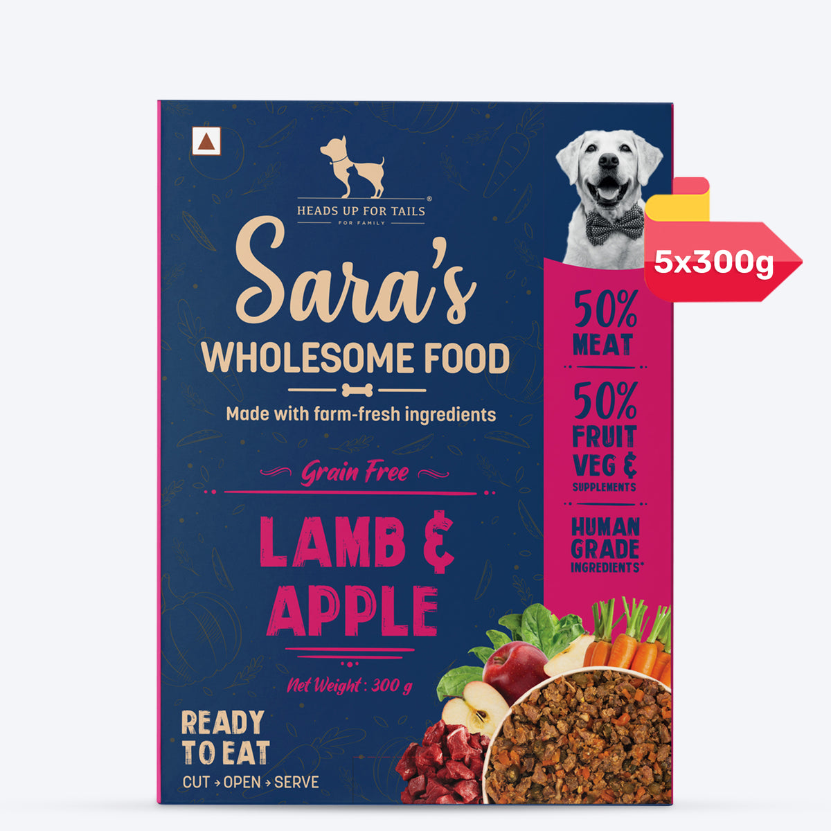 Sara's Wholesome Grain-Free Lamb and Apple Dog Food, 300 g, made with 50% meat and 50% fruit and vegetables.