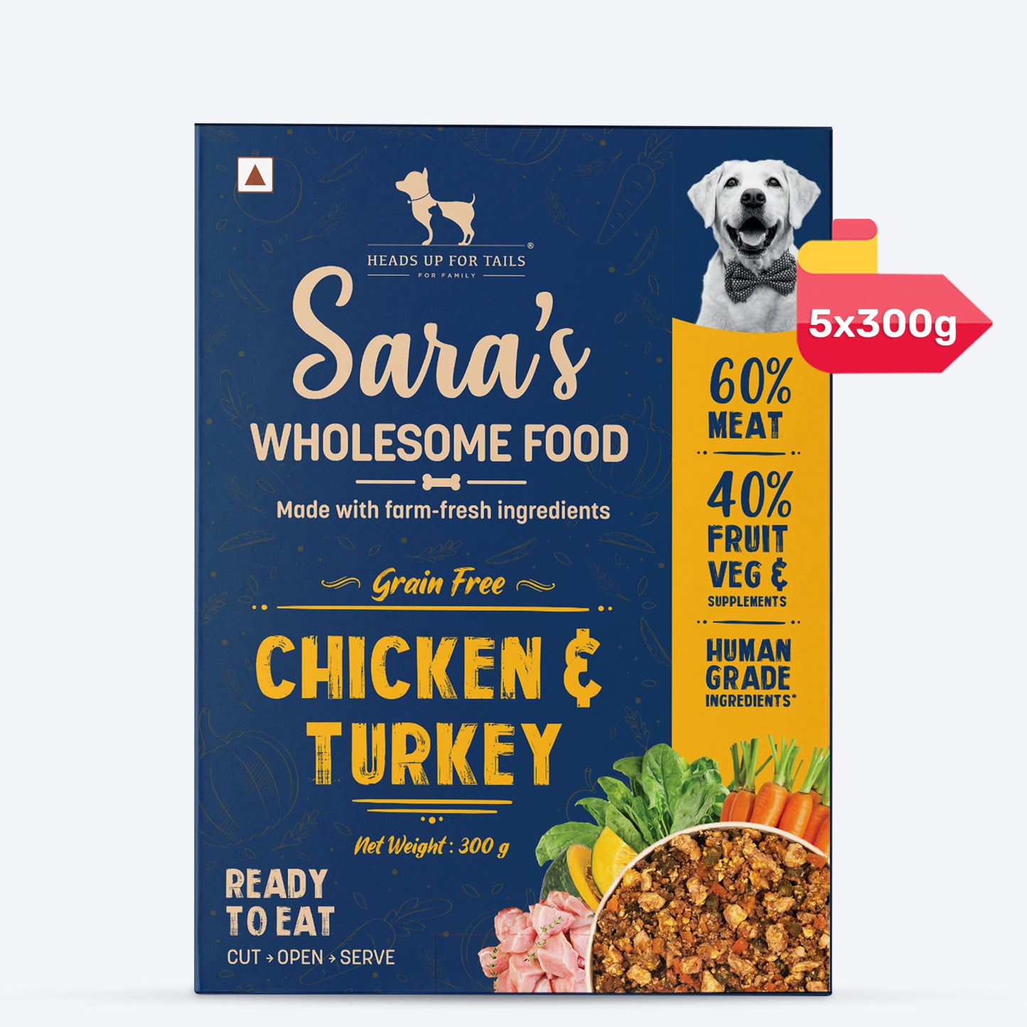Sara's Wholesome Grain-Free Chicken and Turkey Dog Food, 300 g, made with 60% meat and 40% fruits and vegetables.