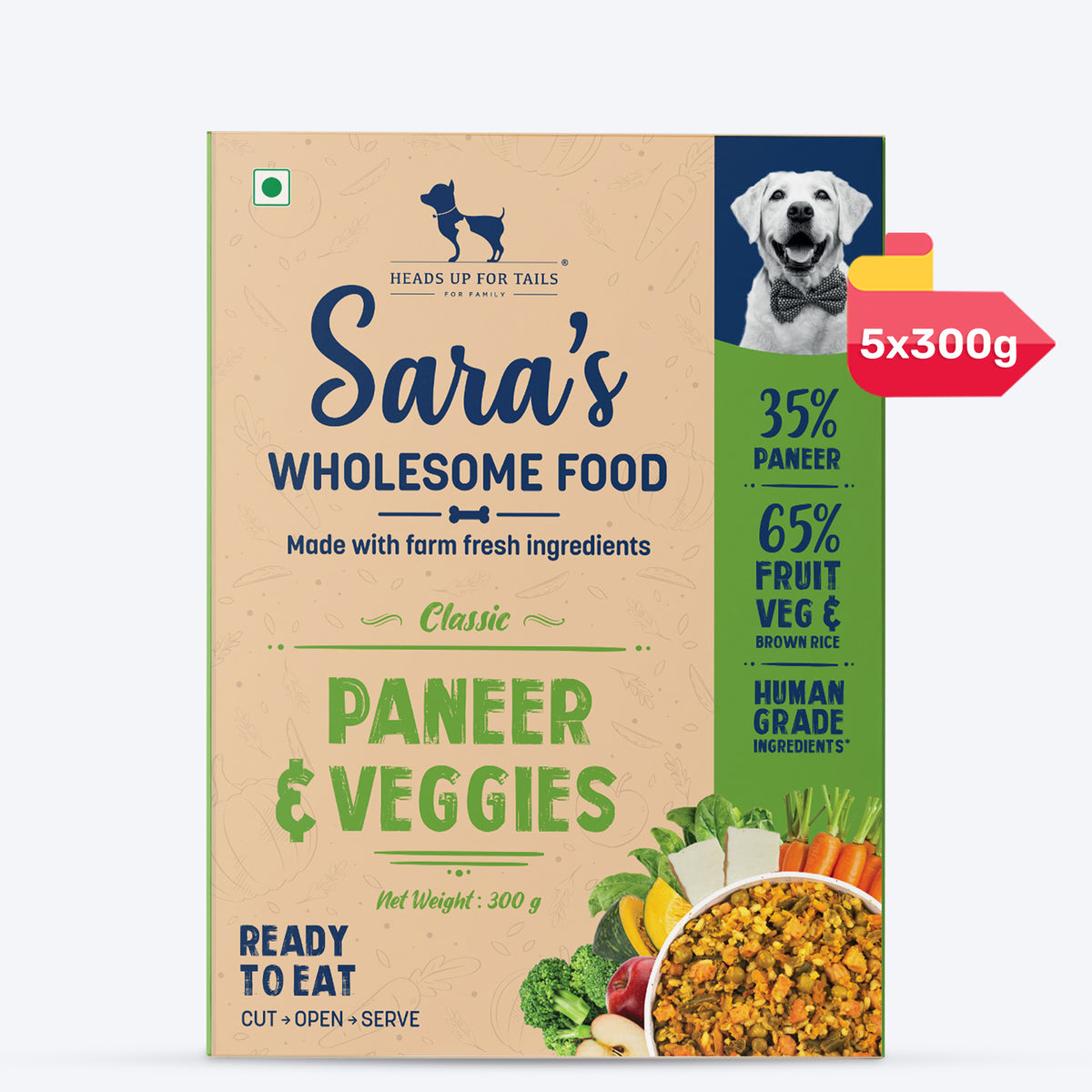 Sara's Wholesome Classic Paneer & Veggies Ready-to-Eat Vegetarian Dog Food €“ Human-Grade, Preservative-Free €“ 300 gm - Heads Up For Tails