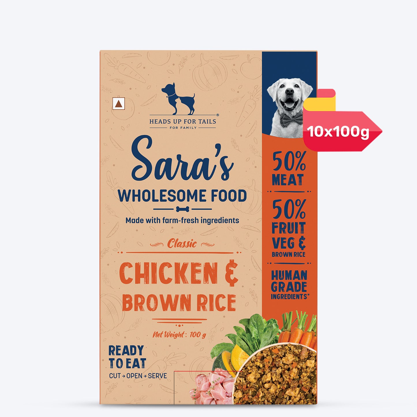 Sara's Wholesome Classic Chicken and Brown Rice Dog Food, 300g, made with 50% meat and 50% fruits and vegetables.