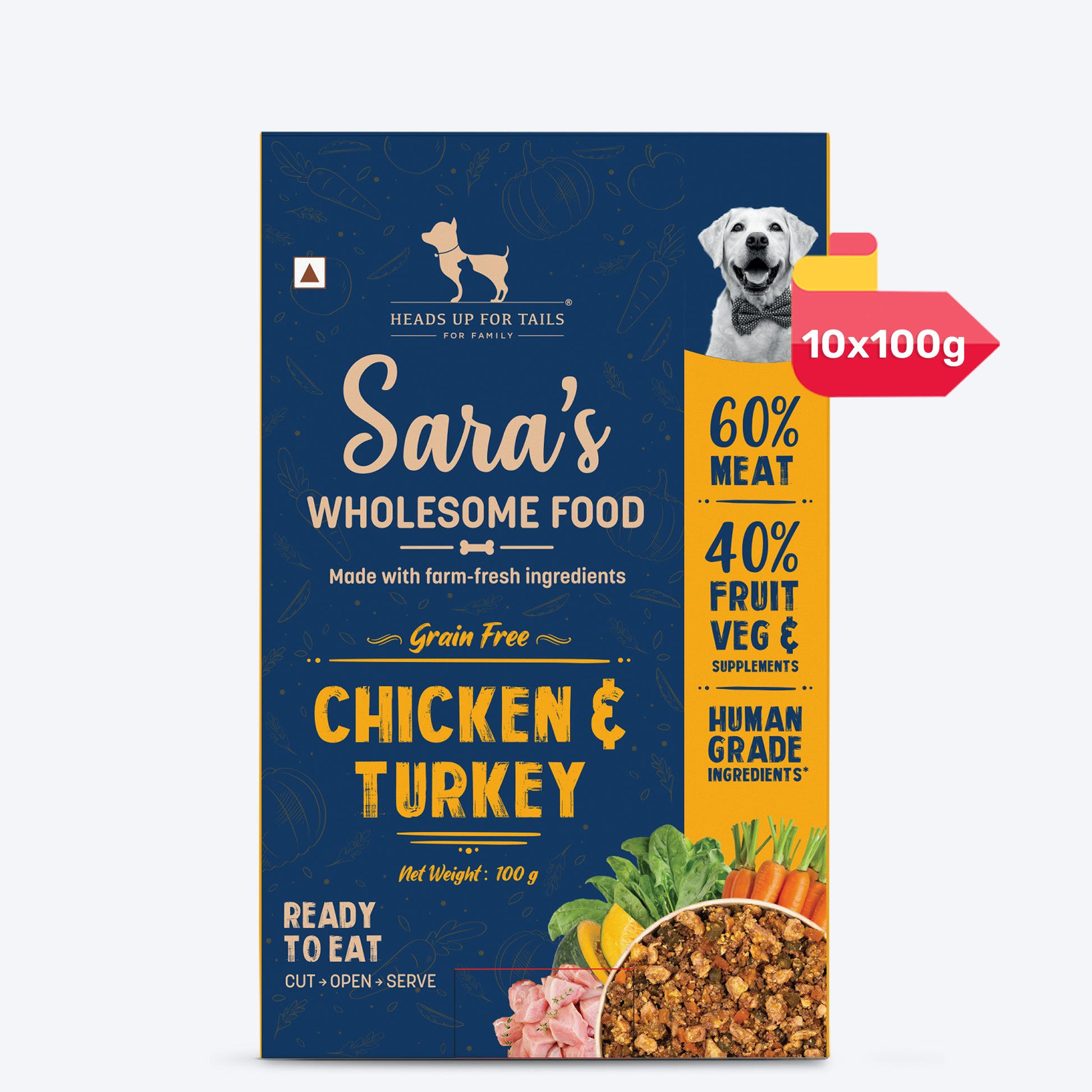 Sara's Wholesome Grain-Free Chicken and Turkey Dog Food, 300 g, made with 60% meat and 40% fruits and vegetables.