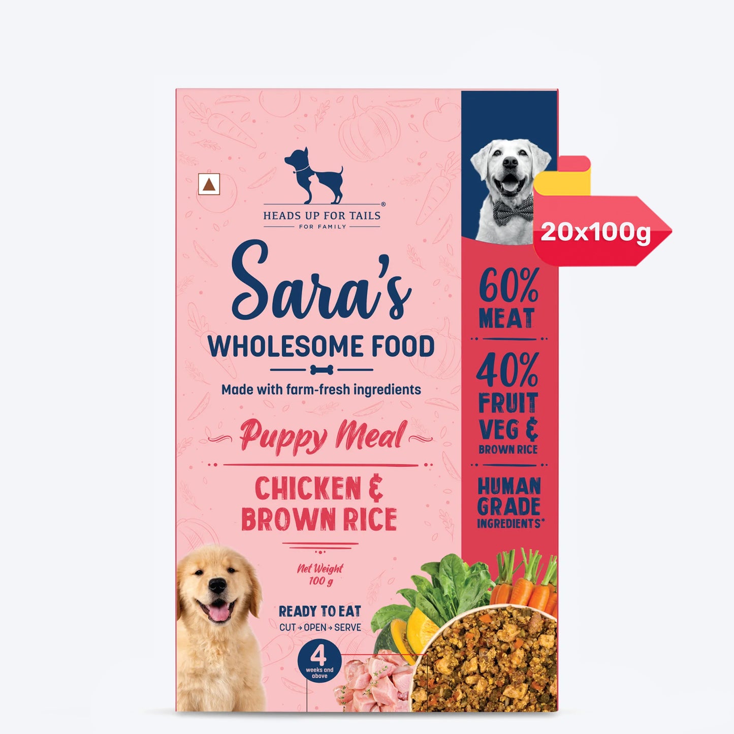 Sara's Wholesome Chicken & Brown Rice Puppy Food - Human Grade, All-Natural, Preservative-Free, Ready-to-Eat Meal for Puppies (4 Weeks & Above) - 100 gm - Heads Up For Tails