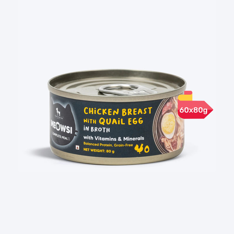 Meowsi by HUFT Chicken Breast with Quail Egg in Broth, 80 gm, grain-free, with vitamins and minerals.