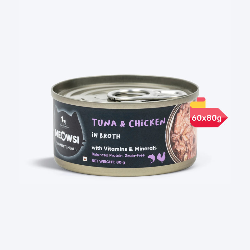 Meowsi by HUFT Tuna & Chicken in Broth Canned Cat Wet Food, 80 gm, with vitamins and minerals, grain-free.