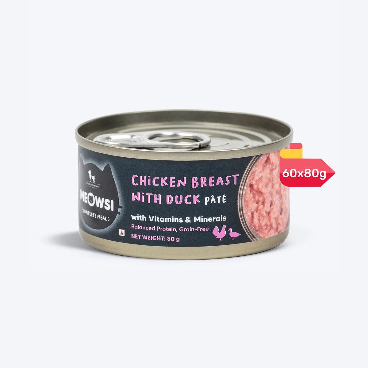 Meowsi by HUFT Chicken Breast with Duck pâté canned cat food, 80 gm, enriched with vitamins and minerals. Grain-free.