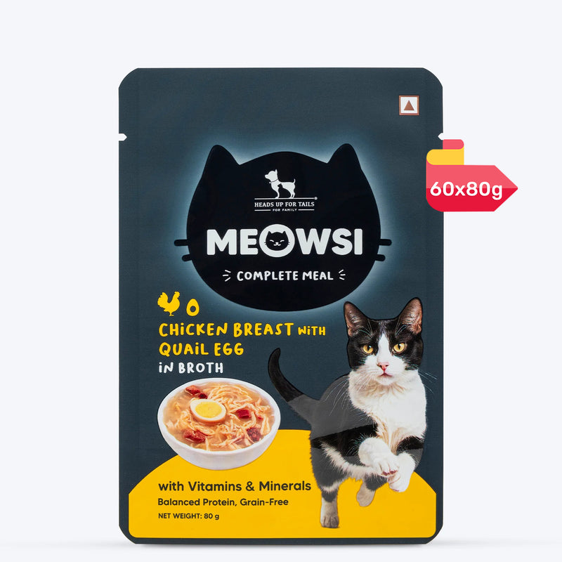 Meowsi by HUFT Chicken Breast with Quail Egg in Broth, 80 gm, grain-free cat wet food with vitamins and minerals.