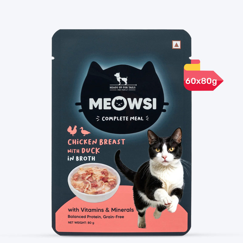 Meowsi by HUFT Chicken Breast with Duck in Broth Cat Wet Food, 80 gm, complete meal with vitamins and minerals.