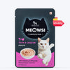 Meowsi by HUFT Tuna & Chicken in Mousse Cat Wet Food, 80 gm, features a cat graphic and a bowl of mousse on the packaging.