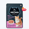 Meowsi by HUFT Chicken Breast with Duck pâté cat wet food, 80 gm, featuring a cat and a bowl of food on the packaging.