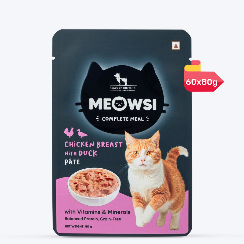 Meowsi by HUFT Chicken Breast with Duck pâté cat wet food, 80 gm, featuring a cat and a bowl of food on the packaging.