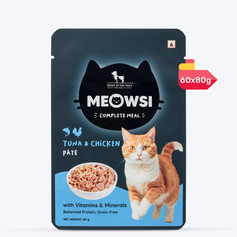 Meowsi by HUFT Tuna & Chicken Pâté Cat Wet Food, 80 gm, grain-free, with vitamins and minerals for balanced nutrition.