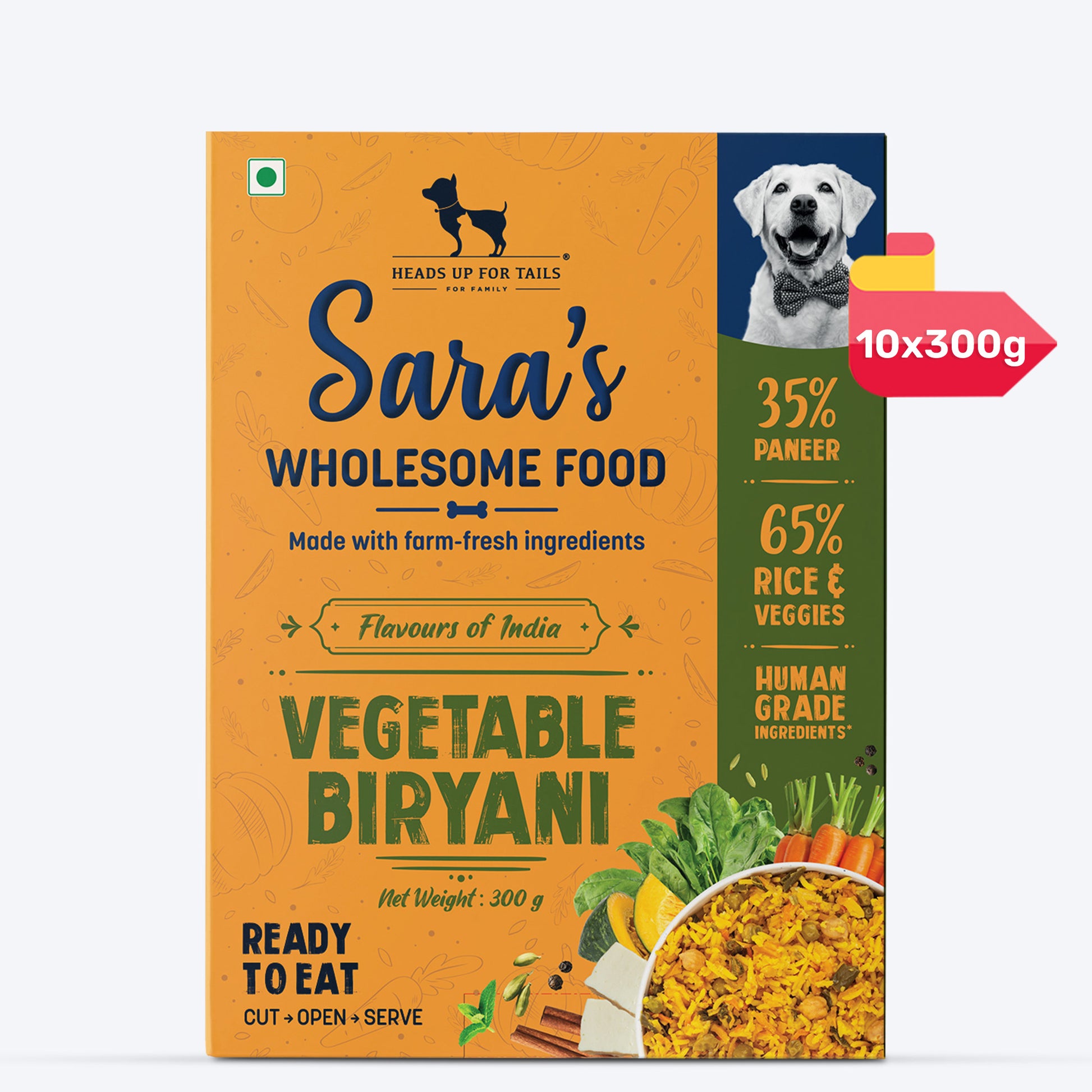 Sara's Wholesome Flavours of India Vegetable Biryani Wet Dog Food – 300 gm, 100% Vegetarian, Human-Grade Ingredients – Preservative-Free, Farm-Fresh - Heads Up For Tails