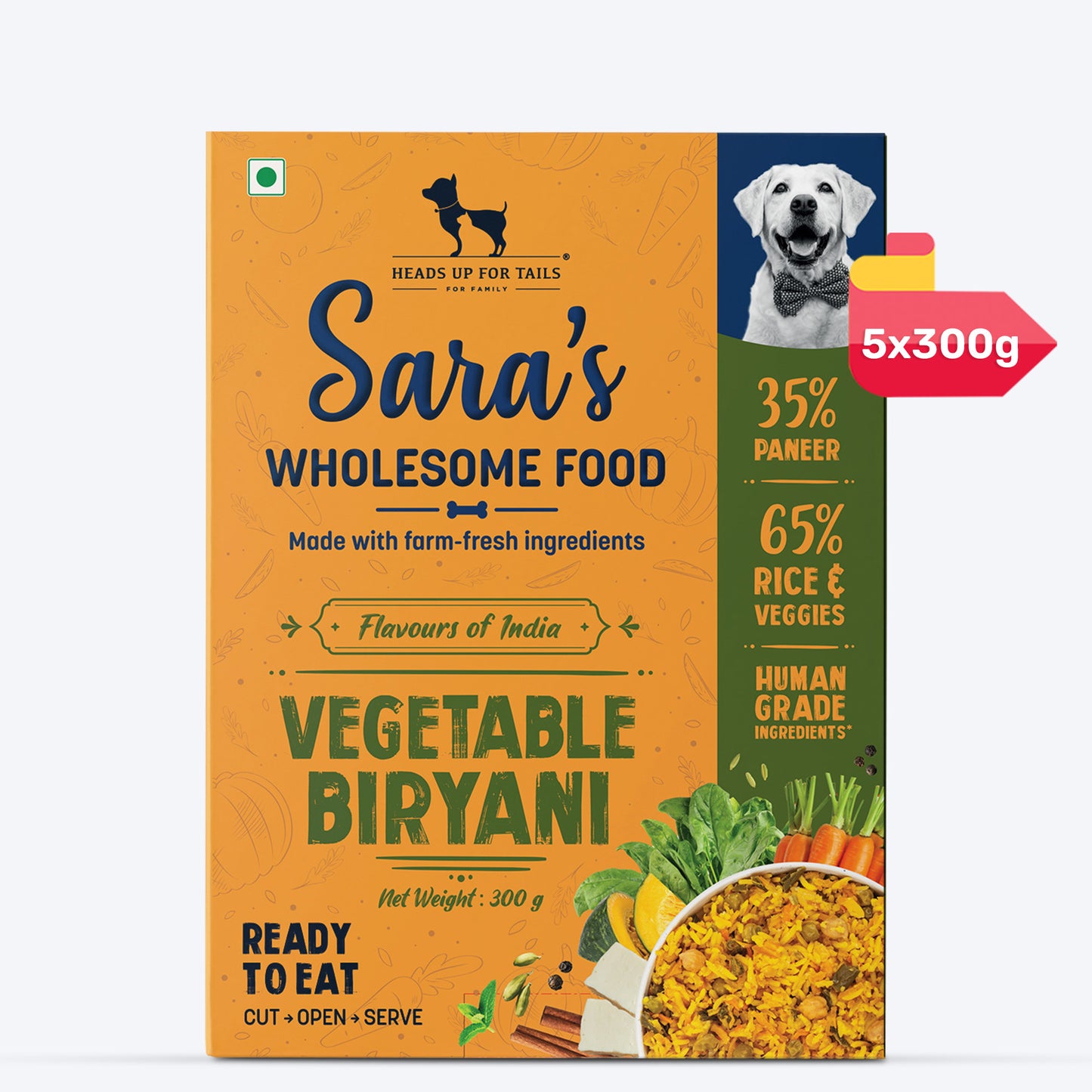Sara's Wholesome Flavours of India Vegetable Biryani Wet Dog Food – 300 gm, 100% Vegetarian, Human-Grade Ingredients – Preservative-Free, Farm-Fresh - Heads Up For Tails