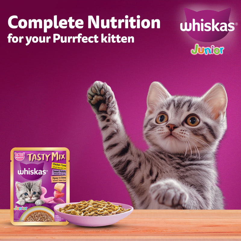 Whiskas Tasty Mix Chicken Tuna With Sweet Potato In Gravy Wet Food For Junior (2-12 Months) Kitten - 70 gm Pack - Heads Up For Tails