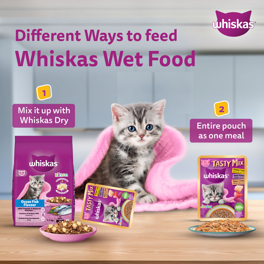 Whiskas Tasty Mix Chicken Tuna With Sweet Potato In Gravy Wet Food For Junior (2-12 Months) Kitten - 70 gm Pack