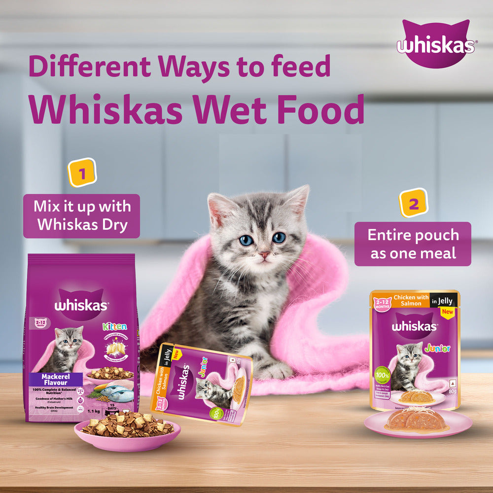 Whiskas Chicken With Salmon In Jelly Wet Food For Junior (2-12 Months) Kitten - 80 gm Pack