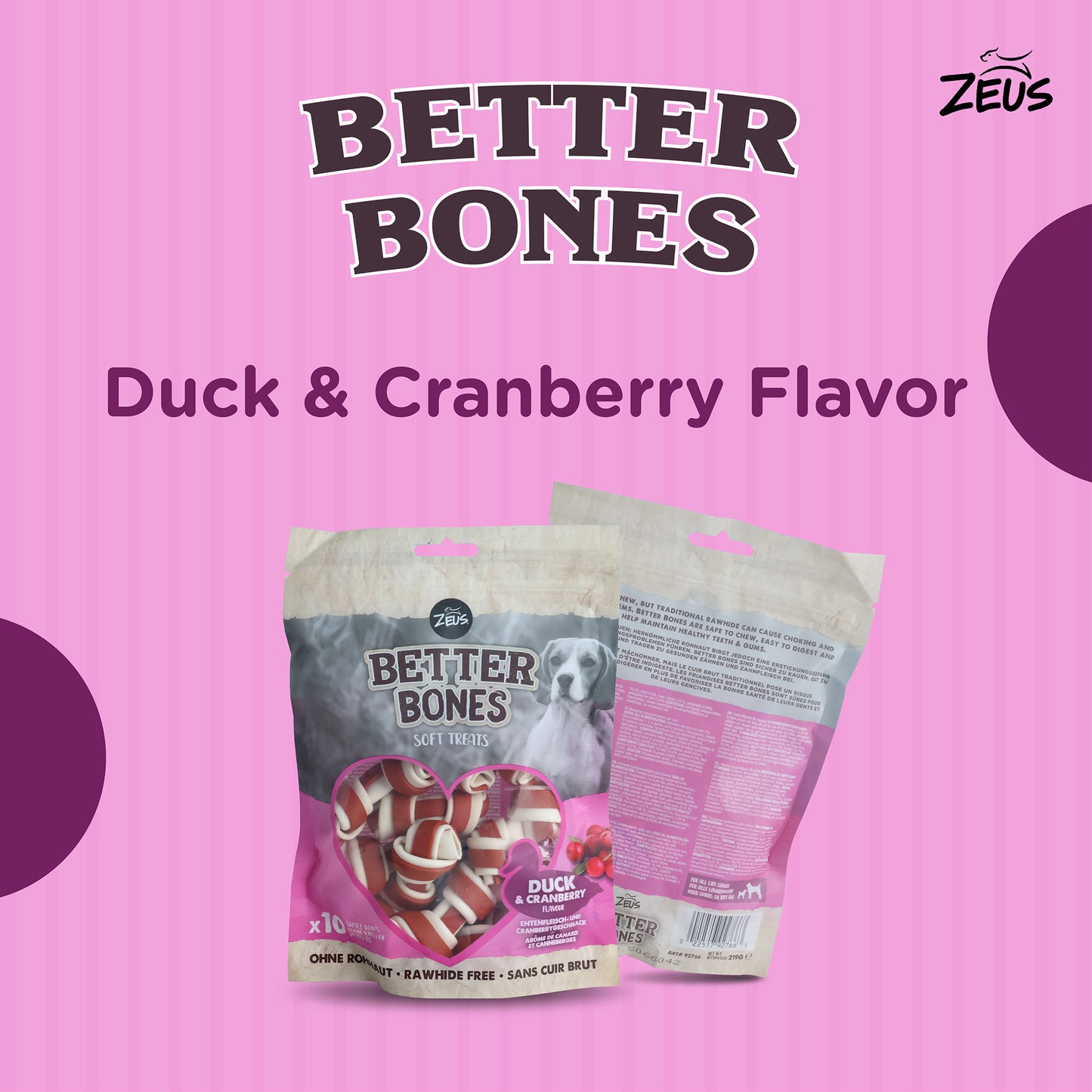 Zeus Better Bones Duck & Cranberry Soft Treat For Dogs - 219 gm (10 pcs) - Heads Up For Tails