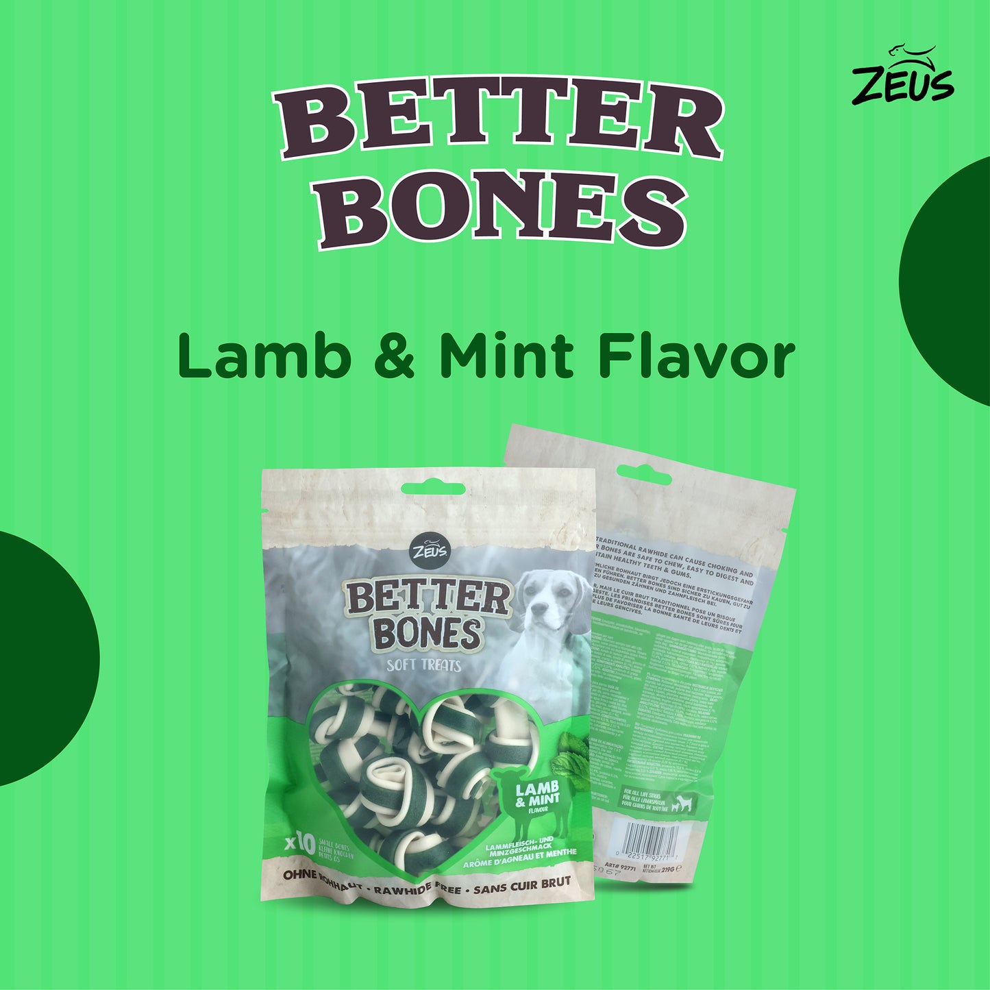 Zeus Better Bones Lamb & Mint Soft Treat For Dogs - 219 gm (10 pcs) - Heads Up For Tails