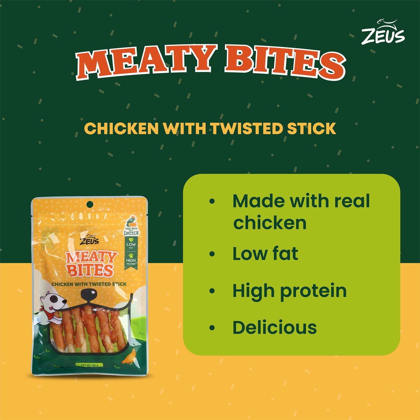 Zeus Meaty Bites Chicken With Twisted Stick Dog Treats - 60 gm - Heads Up For Tails