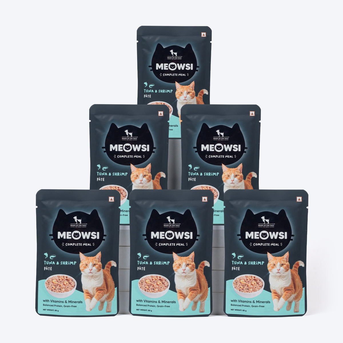 Meowsi by HUFT Tuna & Shrimp pâté Cat Wet Food, 80 gm, grain-free, with vitamins and minerals for balanced nutrition.
