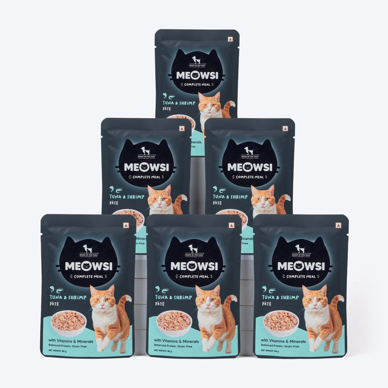 Meowsi by HUFT Tuna & Shrimp pâté Cat Wet Food, 80 gm, grain-free, with vitamins and minerals for balanced nutrition.