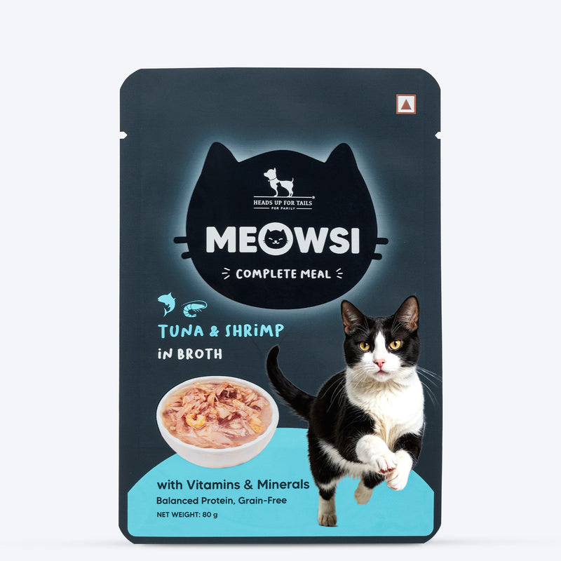 Meowsi by HUFT Tuna & Shrimp in Broth Cat Wet Food, 80 gm, complete meal with vitamins and minerals, grain-free.