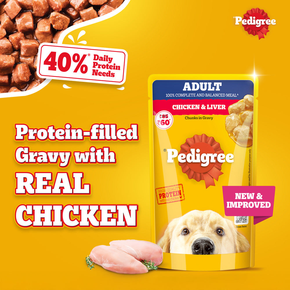 Pedigree Chicken & Liver Chunks In Gravy Adult Dog Wet Food - 130 g - Heads Up For Tails