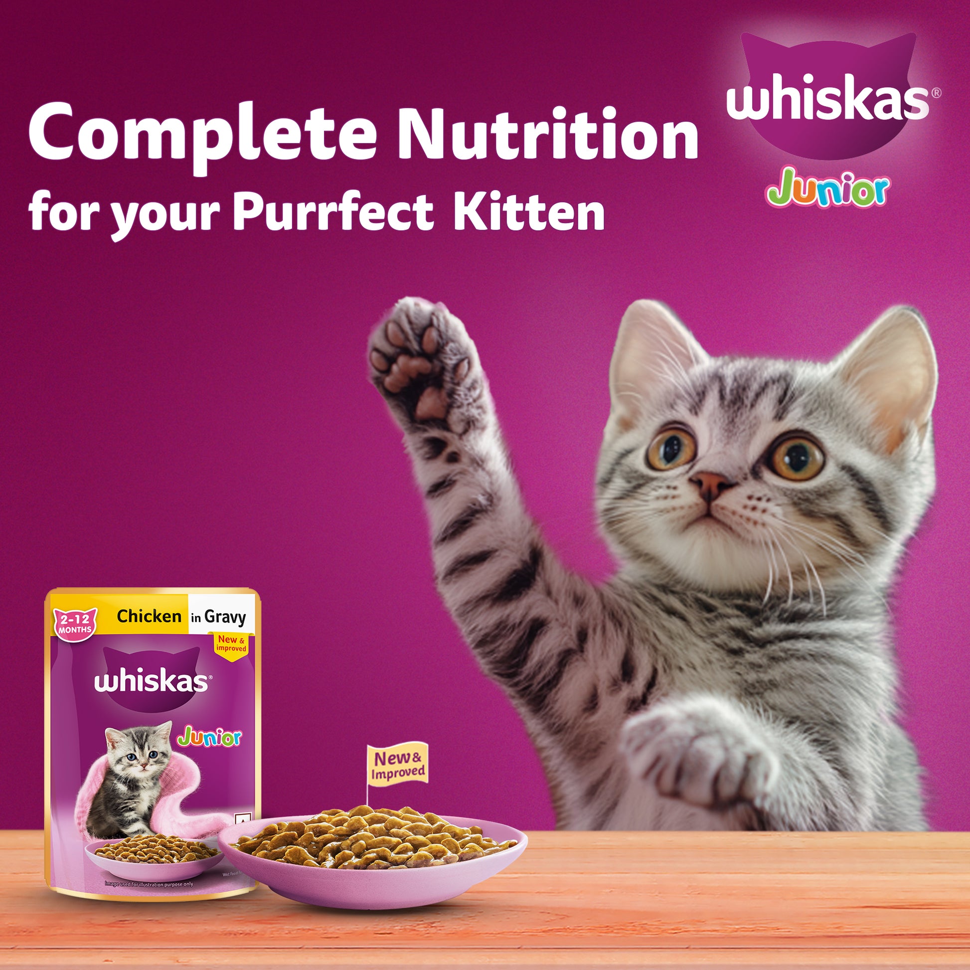 Whiskas Chicken in Gravy (2-12 Months) Wet Food For Junior Kitten - 80 gm Pack - Heads Up For Tails