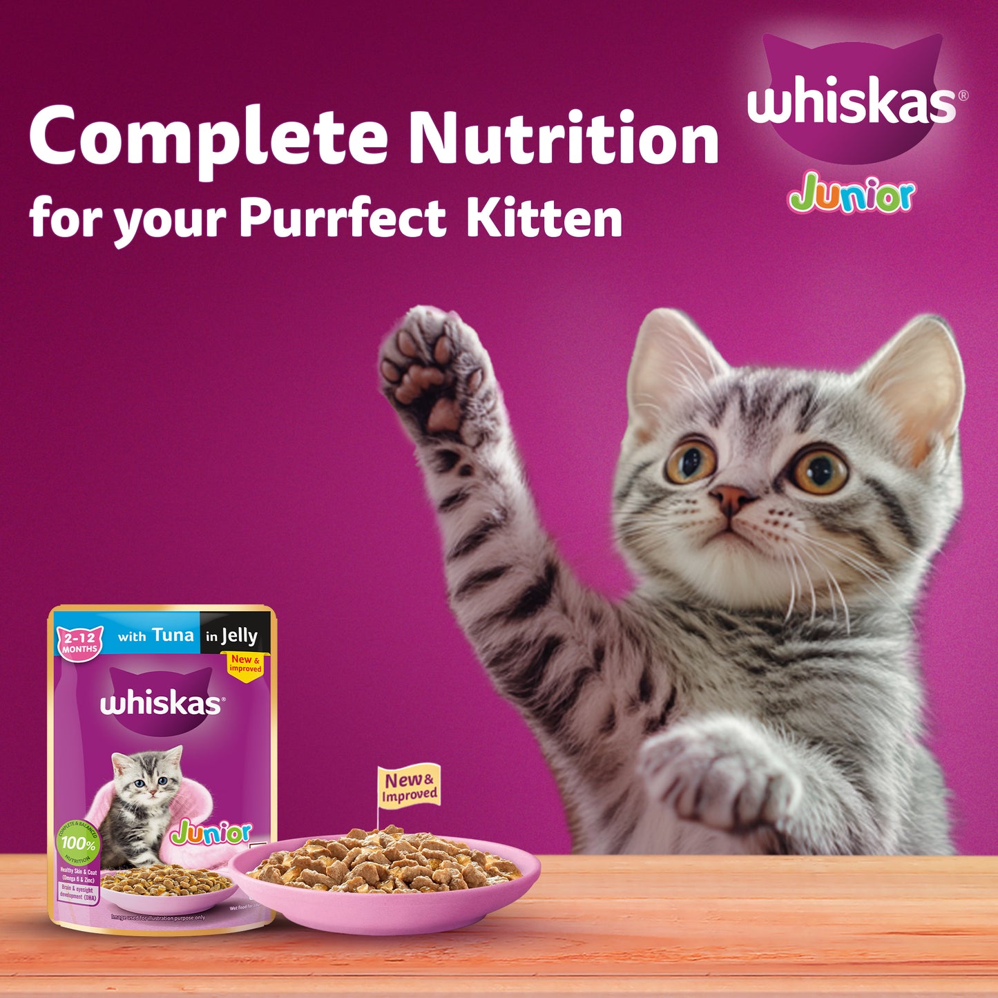 Whiskas Tuna in Jelly (2-12 Months) Wet Food For Kitten - 80 gm Pack - Heads Up For Tails