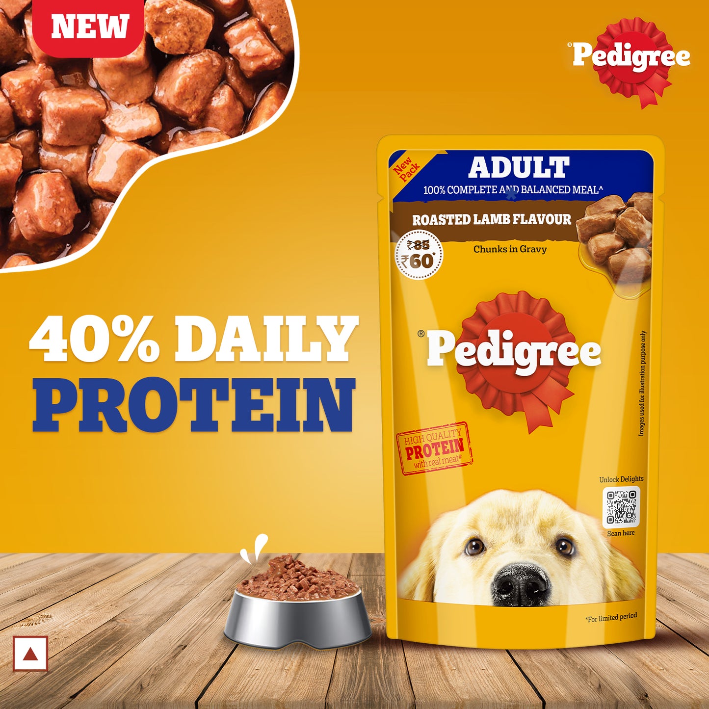 Pedigree Roasted Lamb Chunks In Gravy Adult Dog Wet Food - 130 g - Heads Up For Tails