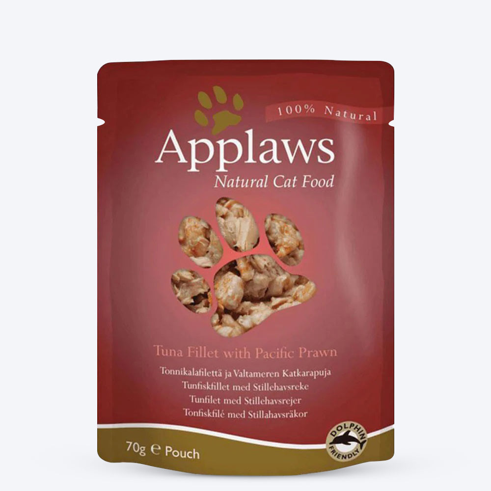 Applaws Natural 75% Tuna Fillet with Pacific Prawn in Broth Wet Cat Food - 70 g - Heads Up For Tails