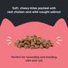 Meowsi by HUFT Salmon & Chicken Soft Cat Treats, 50 gm, features a pink packaging with a cat graphic and treats displayed.
