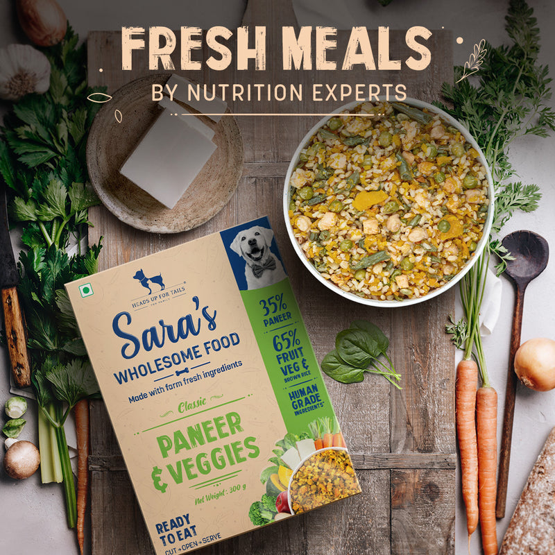 Sara's Wholesome Classic Paneer & Veggies Dog Food, 300 gm, features 35% paneer and 65% fruits, veggies, and brown rice.
