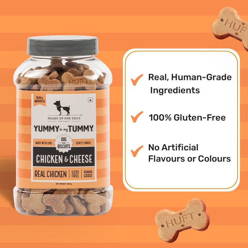 HUFT Yummy in my Tummy Chicken & Cheese dog biscuits, 320g, gluten-free, human-grade ingredients, gently baked