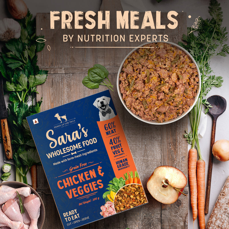 Sara's Wholesome Grain-Free Chicken & Veggies Dog Food, 300 gm, made with 60% meat and 40% fruits and veggies.