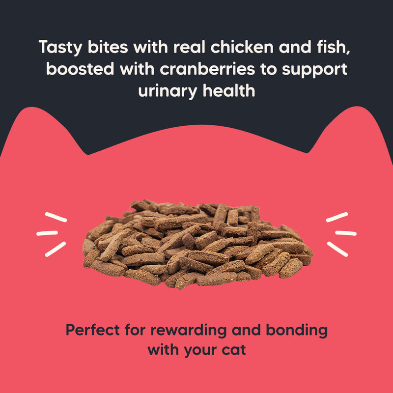 Meowsi by HUFT Chicken, Fish & Cranberry Power Bites Cat Treats, 50 gm, supports bladder health with high protein.