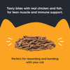 Meowsi by HUFT Chicken & Fish Power Bites, 50 gm, high-protein cat treats in a yellow packaging with a playful cat graphic.
