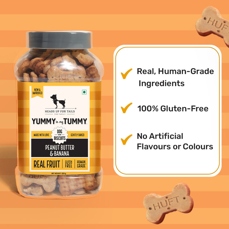 HUFT YIMT Peanut Butter & Banana Gluten-Free Dog Biscuits, 320g jar, featuring real fruit and human-grade ingredients