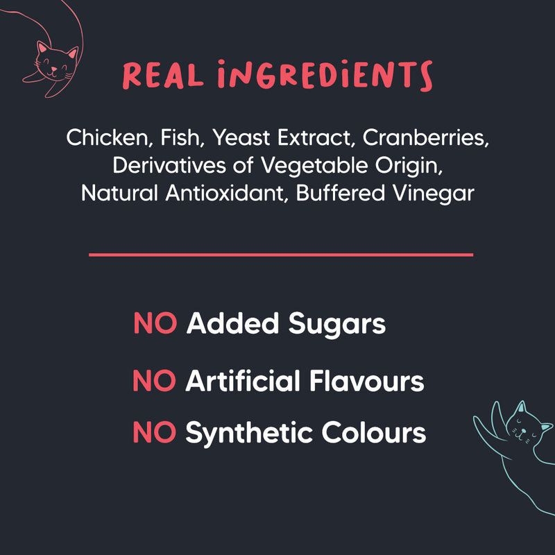 Meowsi by HUFT Chicken, Fish & Cranberry Power Bites Cat Treats, 50 gm, supports bladder health with high protein.